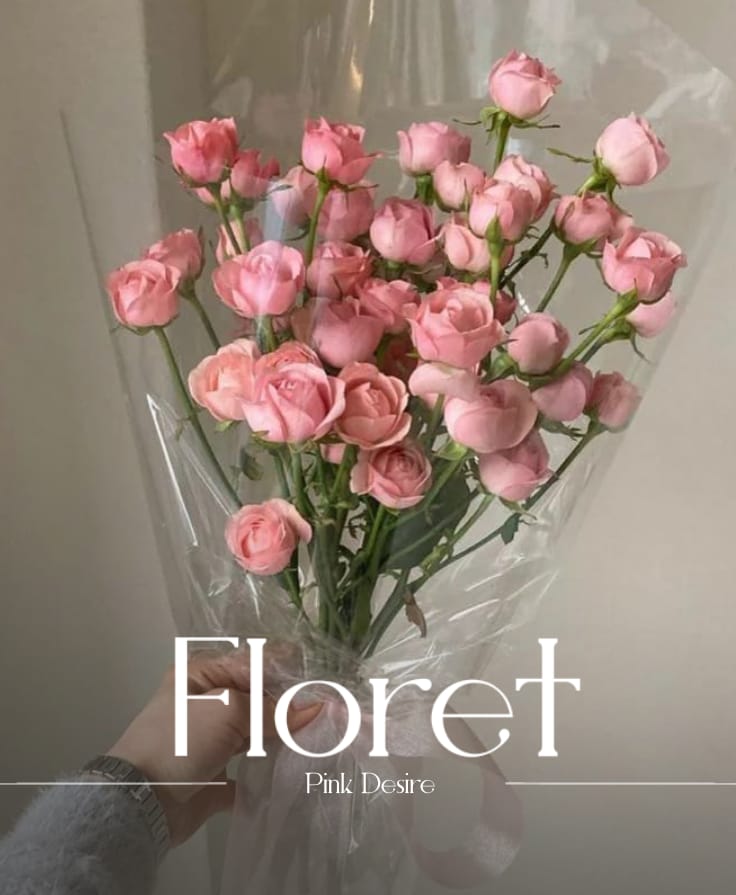Pink Desire bouquet — A blush cloud of spray roses in crystal wrap