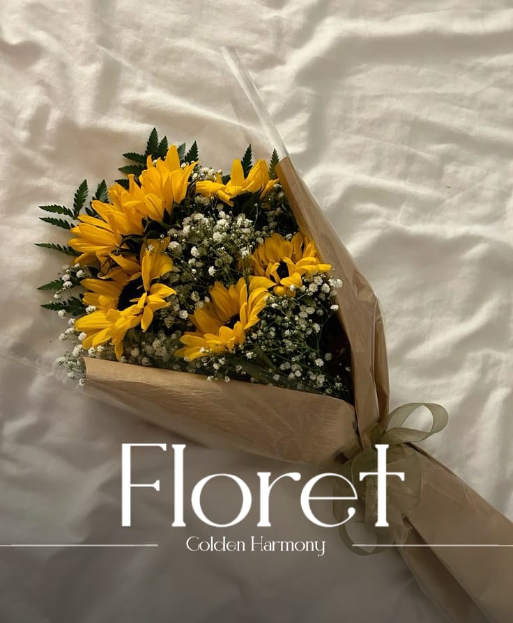 Golden Harmony bouquet — Sunflowers and baby's breath in rustic kraft