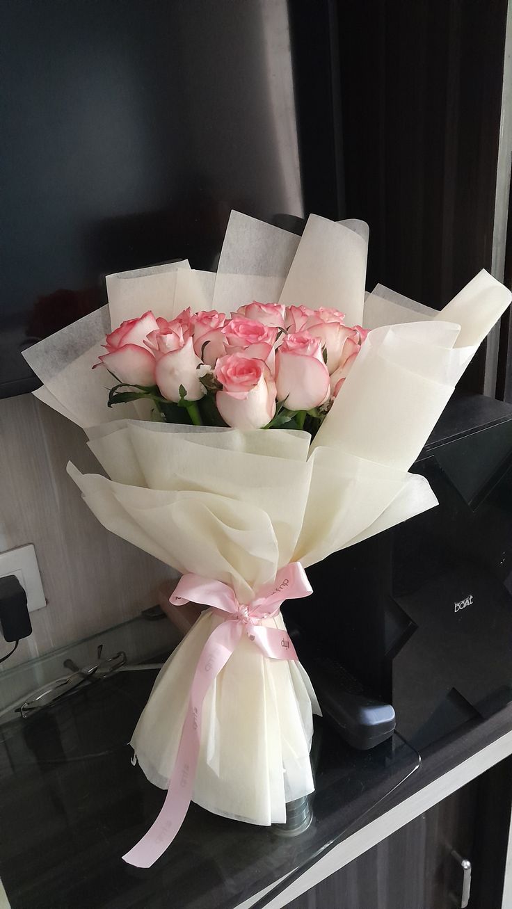 White Snow bouquet — Pink hearts, hushed in winter paper