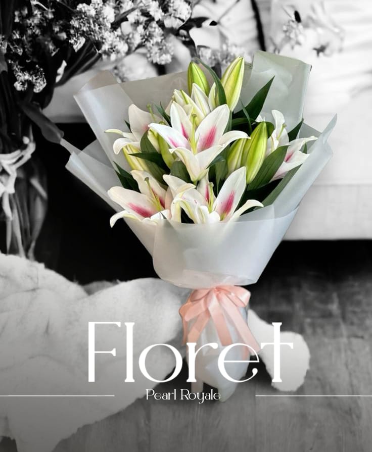 Pearl Royale bouquet — Oriental lilies wrapped in cloud-soft elegance