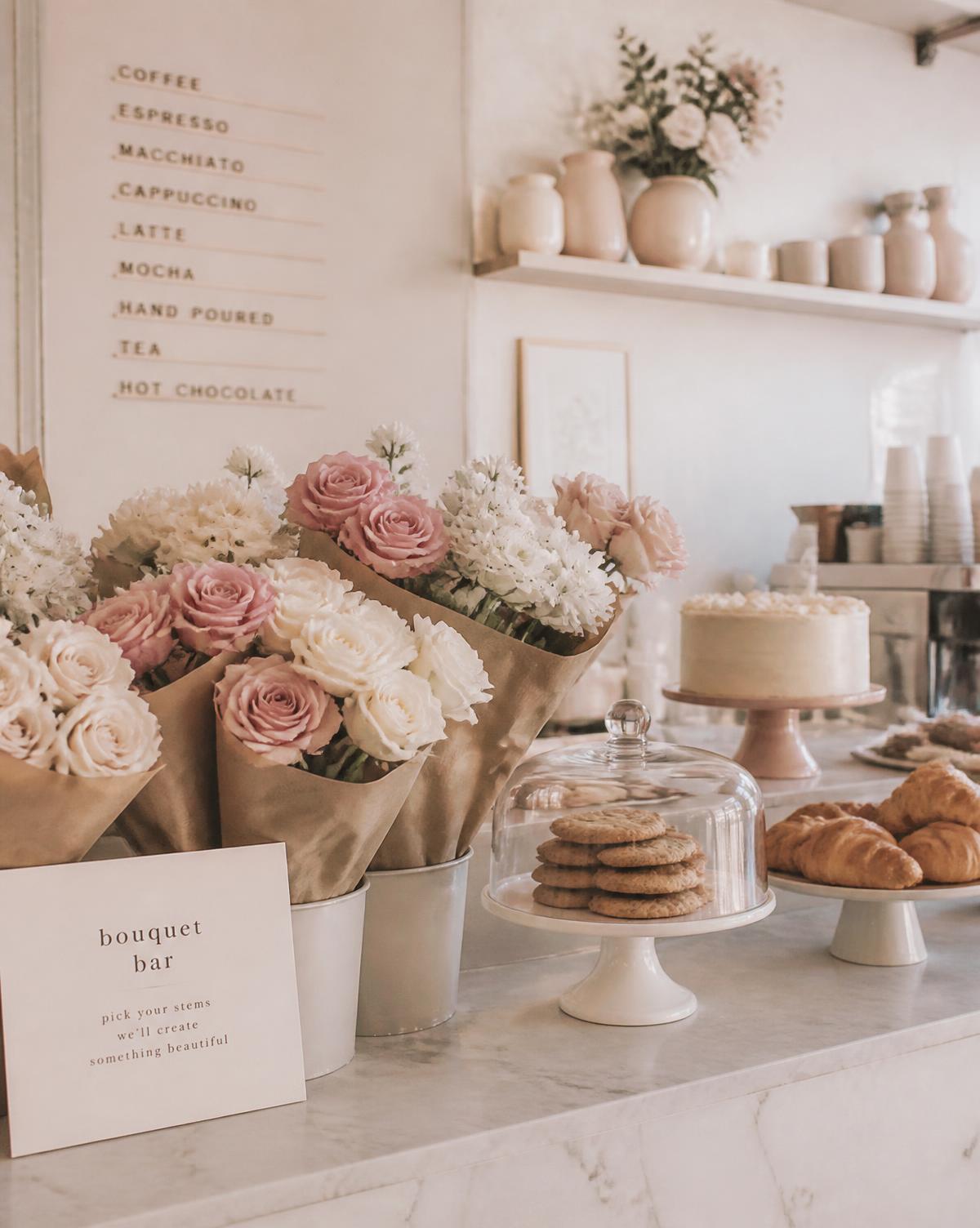 Cafe counter with kraft-wrapped rose bouquets, cakes and pastries
