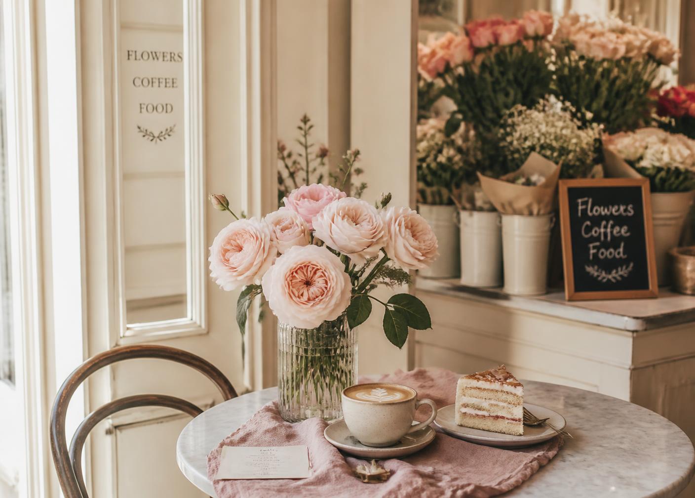 A cream and blush flower cafe table with pink roses, a latte and a slice of cake